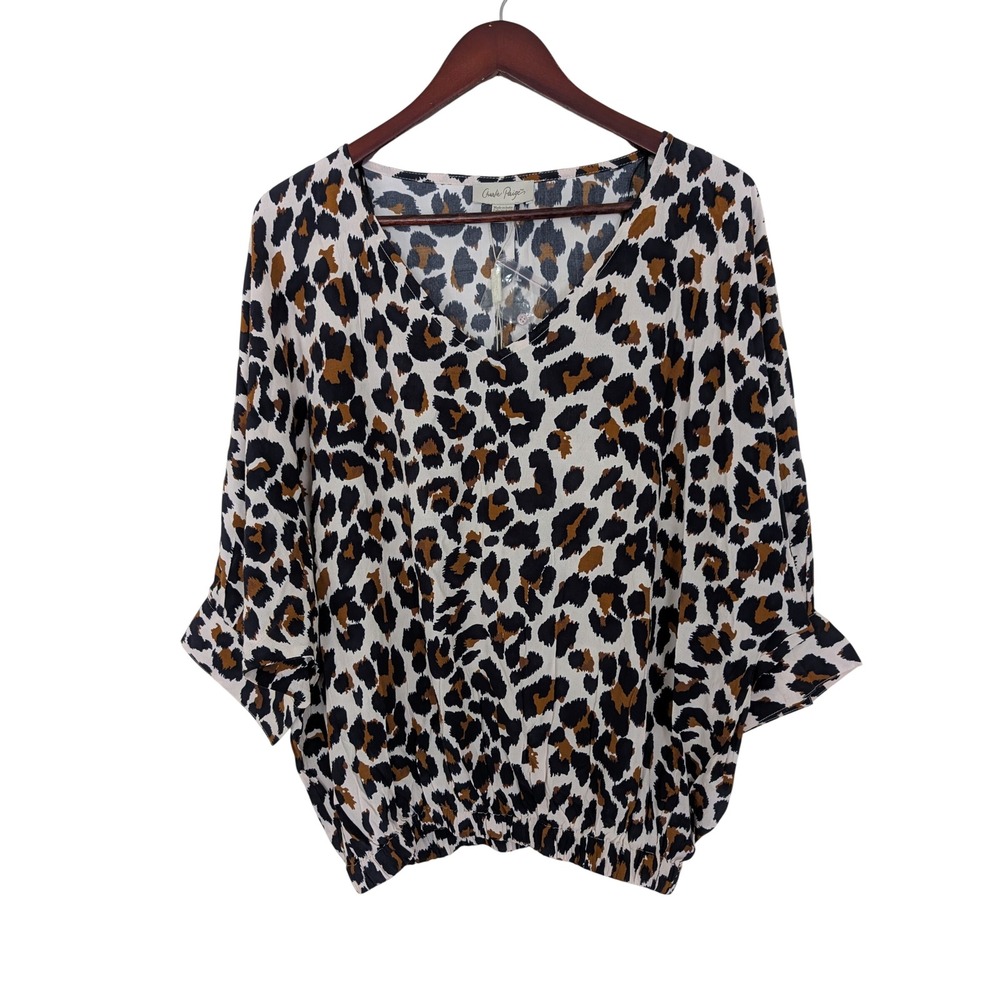 Charlie Paige Top Blouse M Leopard Print V-Neck Elastic Hem Brown Black NWT